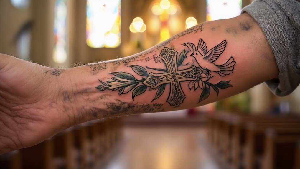 A tattoo of a Sacred Heart with a cross, doves, and floral elements on an arm inside a church, symbolizing faith and devotion, associated with Christian beliefs and spiritual connection.