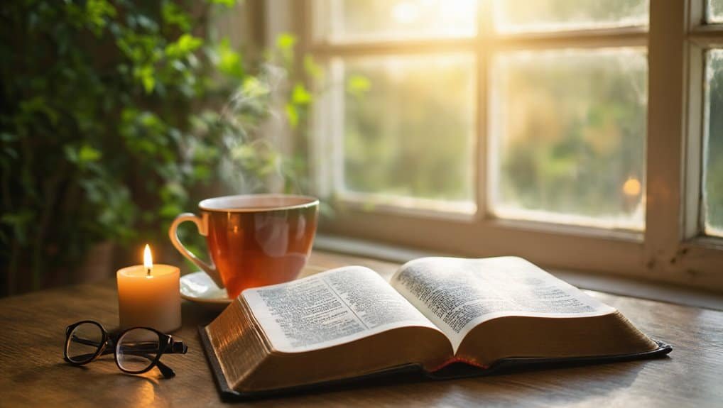 Open Bible with sunlight streaming through a window, a lit candle, and reading glasses on a wooden table, creating a peaceful setting for worship and prayer.
