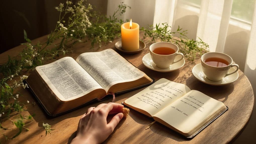 Bible study with open Scriptures, prayer, and reflection, highlighting faith and devotion. Ideal for spiritual growth and connecting with God in a peaceful setting.