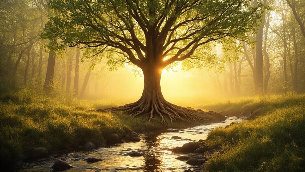 Beautiful tree with sunrise light in a peaceful forest scene for inspiring biblical song and worship.