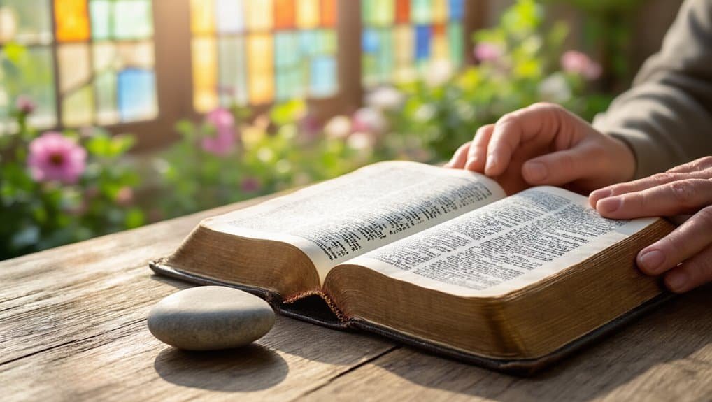 What Does Bible Verse 4:20 Teach Us? Meaning and Life Lessons My Bible Song 2026 Bible reading, open Bible on wooden table with flower garden background, peaceful spiritual study, Christian faith, scripture devotion, My Bible Song focus, religious worship, Christian music and lyrics.