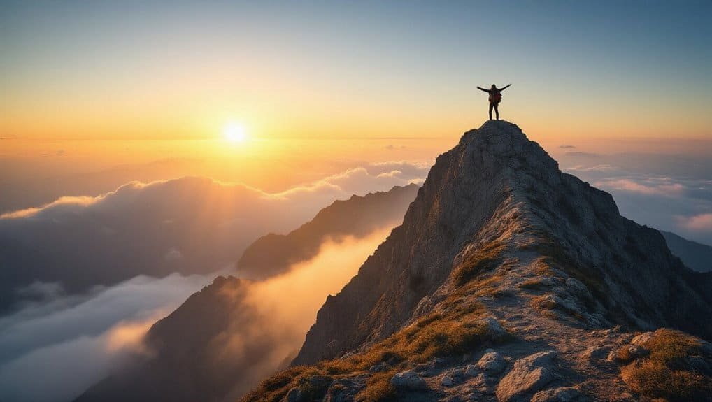 Sunrise over mountain peak with person celebrating victory, symbolizing spiritual triumph and faith journey.