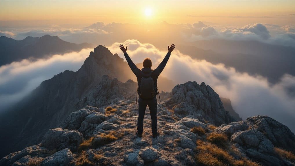 Bible song worship, person with backpack on mountain peak at sunrise, spiritual praise, faith journey, inspiring Christian music, connecting with God in nature, uplifting religious experience, mountain worship scene, Christian faith.