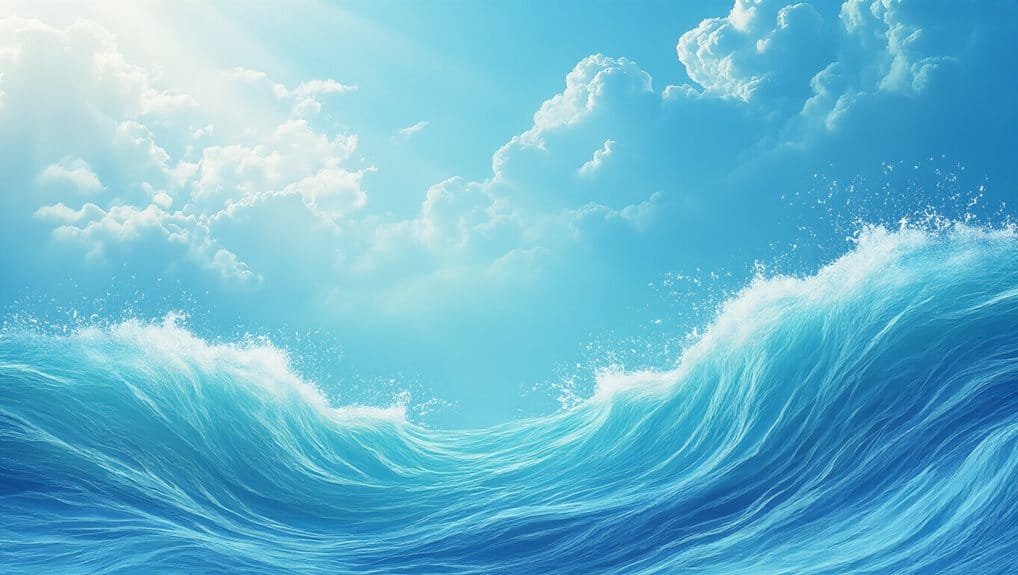 Vivid ocean waves crashing under a bright blue sky with fluffy clouds, symbolizing faith and hope, ideal for illustrating biblical songs and spiritual inspiration.