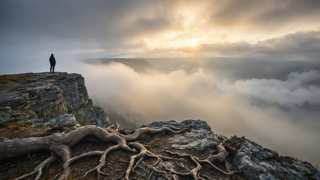 Majestic mountain landscape with a lone hiker standing on a rocky cliff overlooking clouds and a vibrant sunrise, symbolizing faith, hope, and spiritual journey in Christian worship.