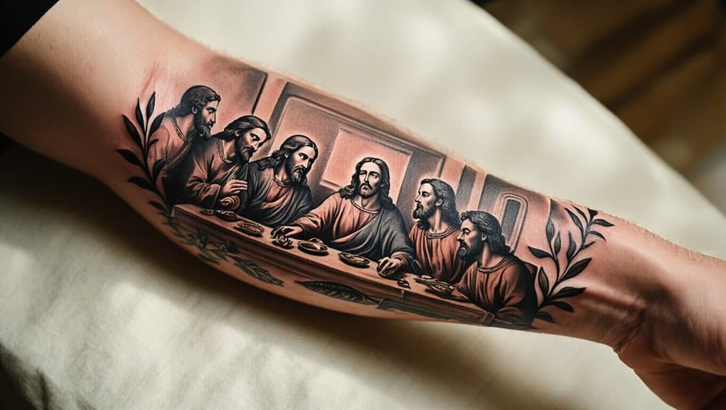 Jesus Christ Last Supper tattoo sleeve with biblical artwork and religious symbolism, highlighting Christian faith and devotion.
