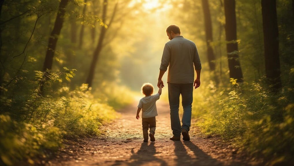 Peaceful father and child walking in the woods during sunset, symbolizing faith, spirituality, and family connection in Christian life.
