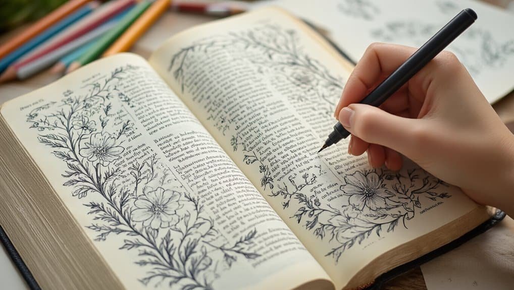 Hand lettering scripture with floral illustrations in a Bible, creative artwork for Bible journaling and Christian inspiration. Perfect for faith-based art and religious devotion.