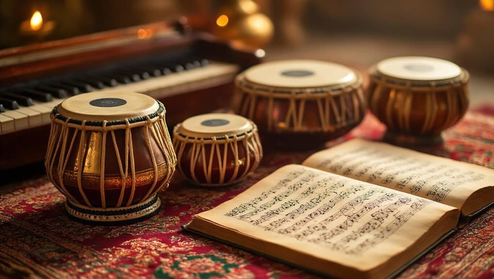 Hand drums, sheet music, and a piano on a devotional table, evoking the spirit of musical worship and praise in Christian faith. Perfect for Bible songs, gospel music, and spiritual devotion.