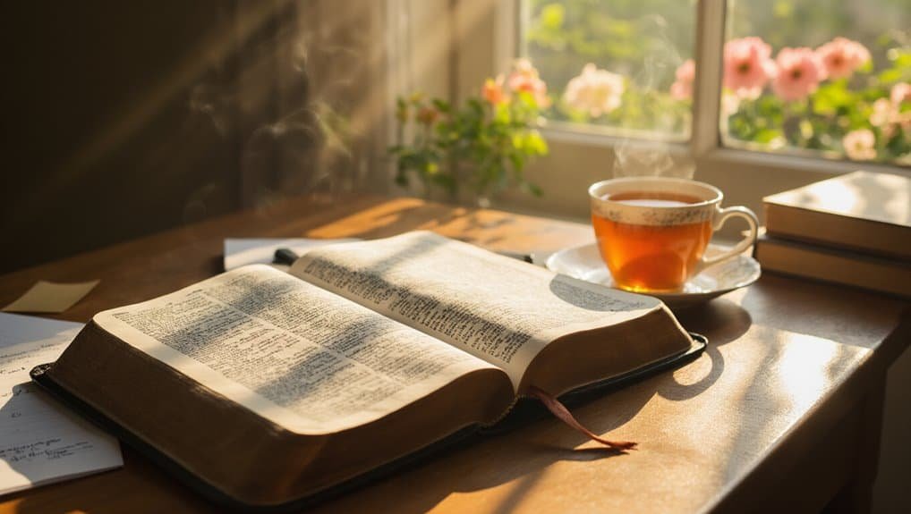 Bible open on a wooden desk with a steaming cup of tea and sunlight streaming through a window with pink flowers; perfect for inspirational bible study and Christian worship.