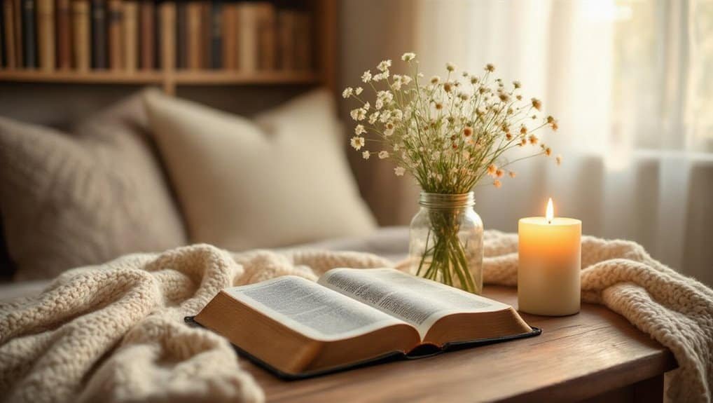 Bible on a cozy wooden table with a lit candle and a jar of wildflowers, creating a peaceful and spiritual ambiance for prayer, worship, or reflection. Perfect setting for engaging with My Bible Song.