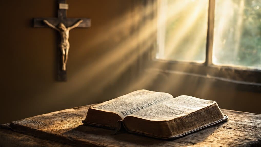 Bible open on wooden table with sunlight shining through window, Christian cross on wall, spiritual and religious imagery for faith and prayer.