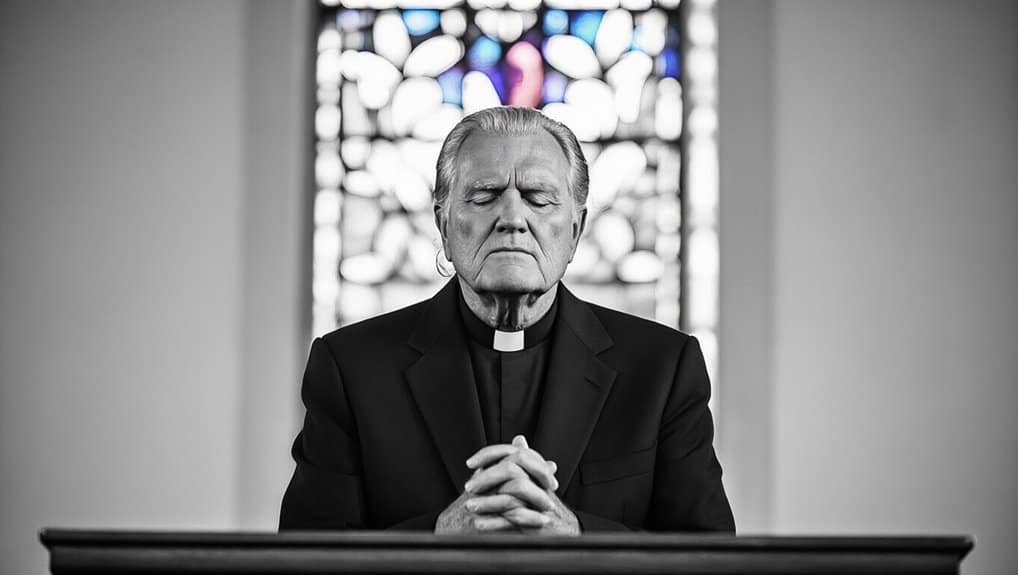 Praying priest in church with stained glass window, reflecting faith and devotion, capturing a moment of prayer and spirituality for religious and inspirational content.