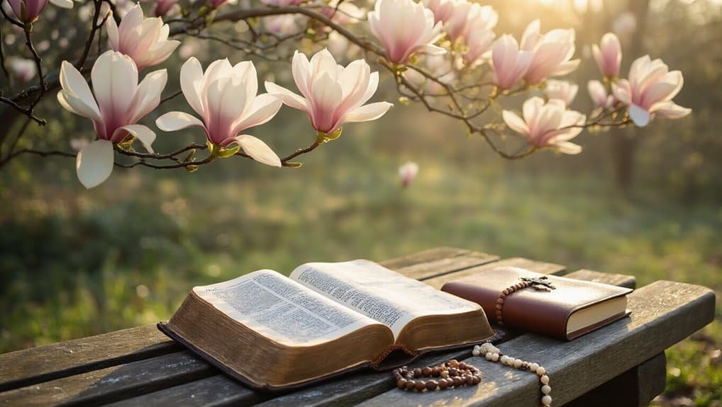 Bible open on wooden bench with magnolia flowers, peaceful outdoor setting, spiritual prayer space, Christian faith, religious devotion, nature and worship, serene prayer time, holy scripture reading, spiritual reflection, faith-inspired environment.