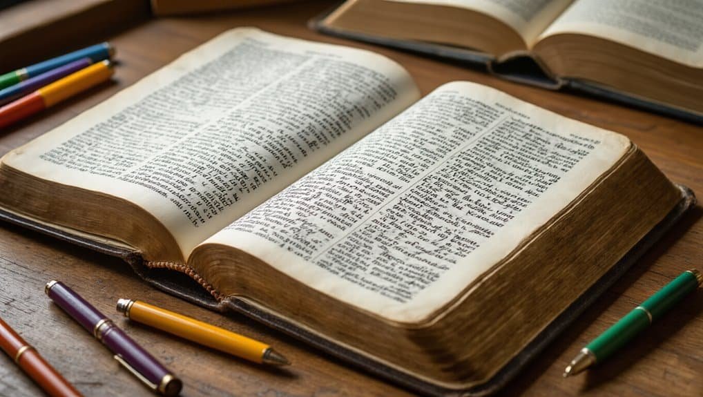 Ancient biblical open book with colorful pens on wooden table, emphasizing scripture study and faith education.