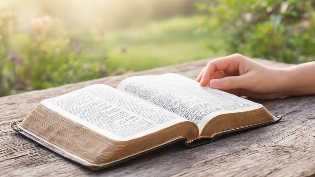 Bible open on a rustic wooden table, with a person's hand resting on the pages, surrounded by lush greenery and soft sunlight, illustrating faith, prayer, and spiritual reflection for My Bible Song.