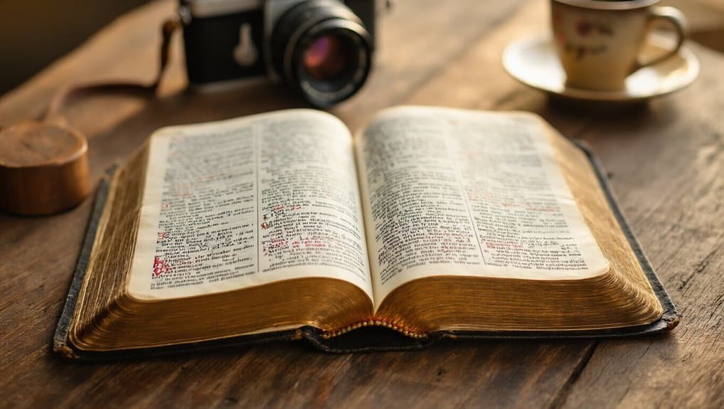 An open Bible on a wooden table with a camera and cup beside it, emphasizing Christian worship, Bible study, and spiritual music through My Bible Song.