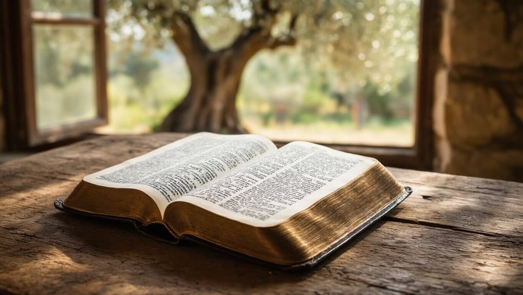 Open Bible on rustic wooden table with natural light, symbolizing faith and spirituality, perfect for religious devotion and Christian worship.