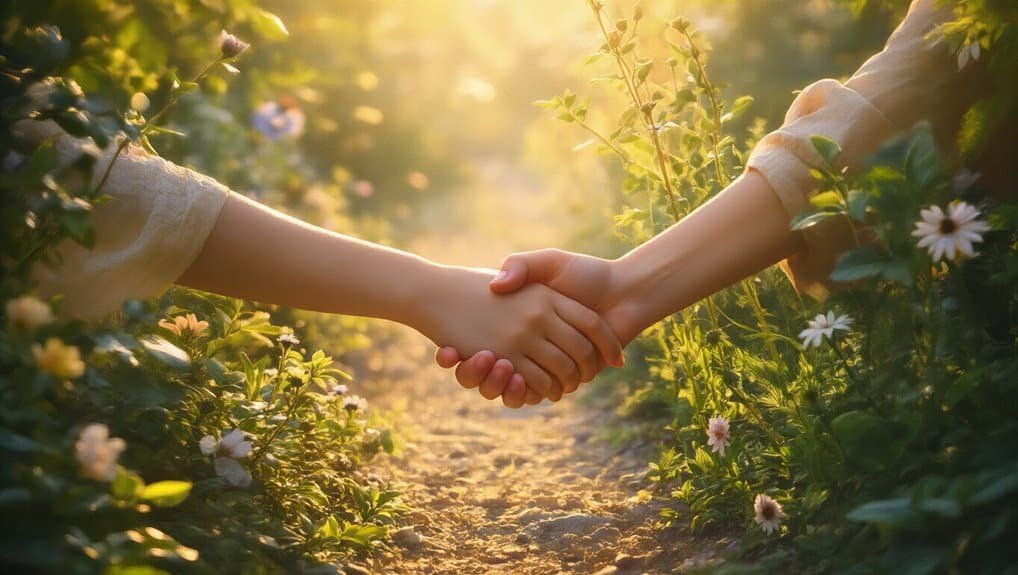 Hand-holding between two people in a lush flower garden during golden hour, symbolizing faith and connection.