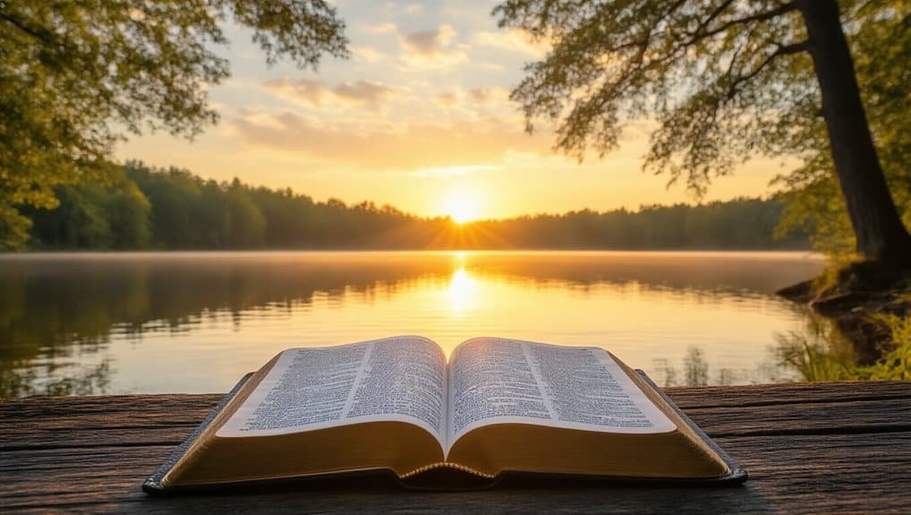 Bible open on wooden platform by lake during sunrise, inspiring spiritual reflection and worship, emphasizing the importance of God's word and Christian singing tutorials.