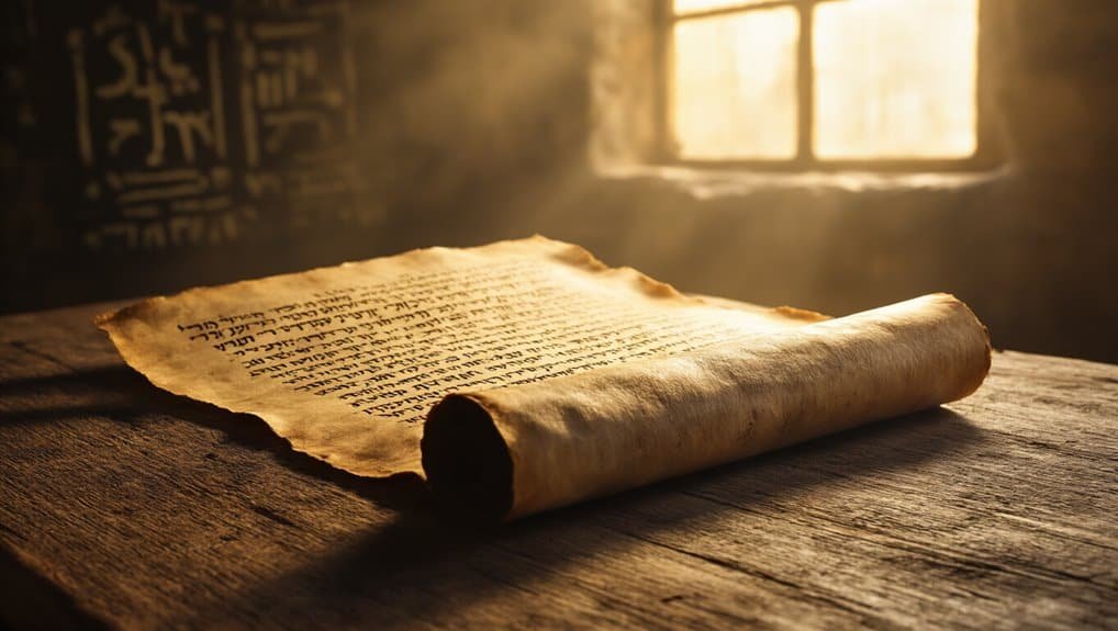 Old Testament scroll on wooden table with warm sunlight, biblical scripture for prayer and worship.