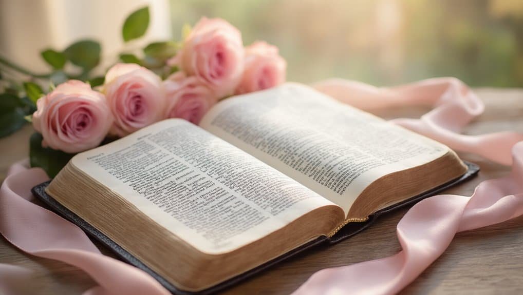 Open Bible with pink roses on a wooden table, soft natural light, promoting faith, worship, and Christian music. Perfect for My Bible Song, emphasizing biblical songs and spiritual inspiration.