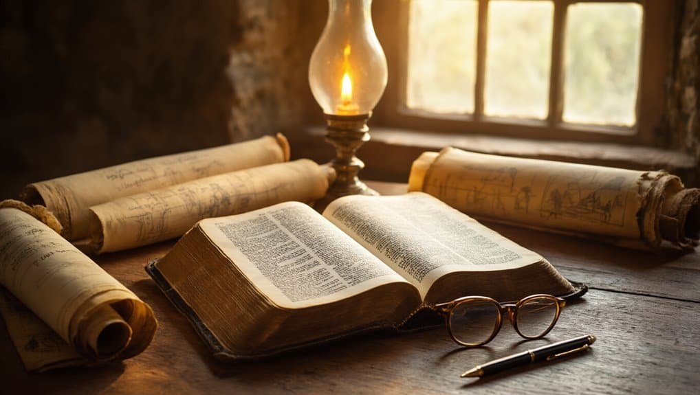Ancient open Bible on a wooden table with scrolls, a lit oil lamp, and glasses, symbolizing devotion and faith. Perfect for Christian worship, Bible study, or religious reflection.