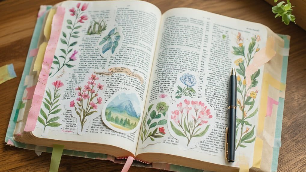 Colorful Bible with floral illustrations and bookmarks, highlighting the beauty of scripture journaling and faith-based reflection. Perfect for Christian devotion and spiritual growth.