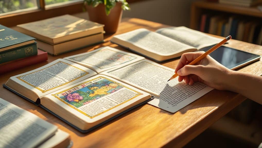 Bible study reading traditional Christian scriptures with open Bible books on wooden table for prayer, worship, and learning.