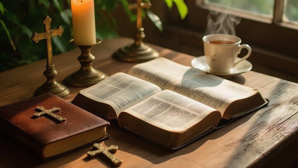 Open Bible with cross and candle on wooden table, warm sunlight, steaming tea, spiritual worship, Christian prayer, religious study, peaceful faith moment, Bible study at home, Christian devotion, inspirational scripture.