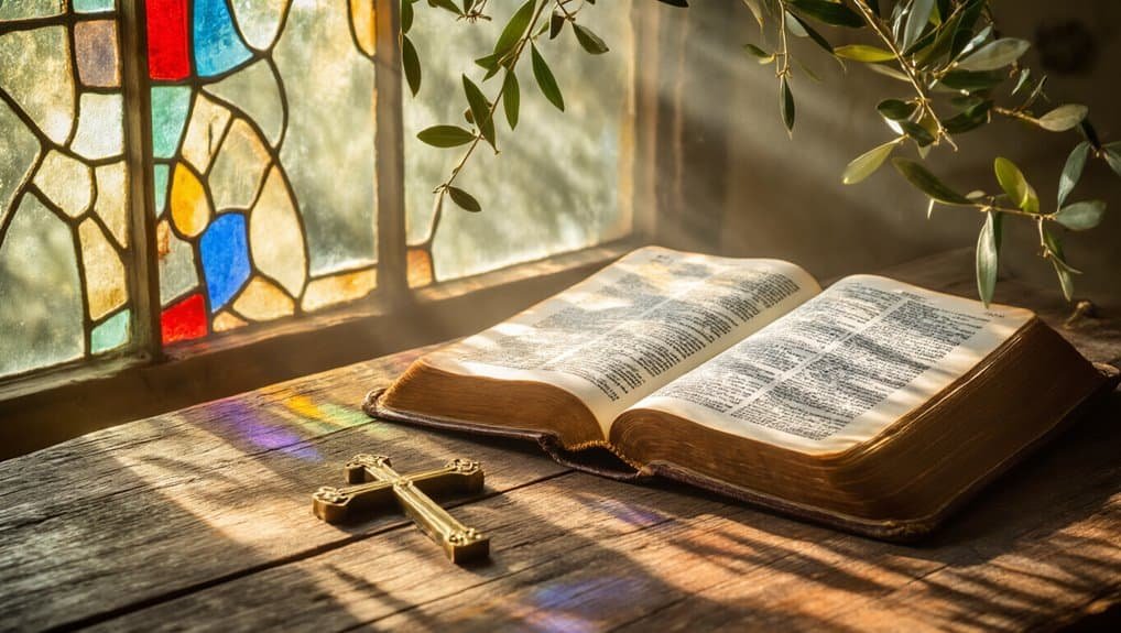 Beautiful Bible Aesthetic Pictures for Faith Inspiration My Bible Song 2026 Sacred Bible open on rustic wooden table with a cross and stained glass window, symbolizing faith and spirituality, in warm sunlight, emphasizing Christian worship, prayer, and biblical teachings.