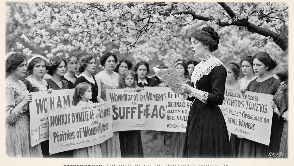 Women holding protest signs advocating for women's rights and suffrage, with a woman reading aloud in front of an audience under blooming trees, illustrating the early women's movement and activism.