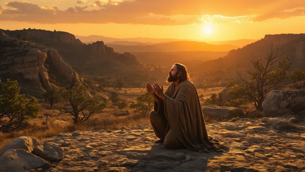 Praying man in desert at sunset, biblical landscape symbolizing faith and spirituality, promoting biblical songs and worship music from My Bible Song.