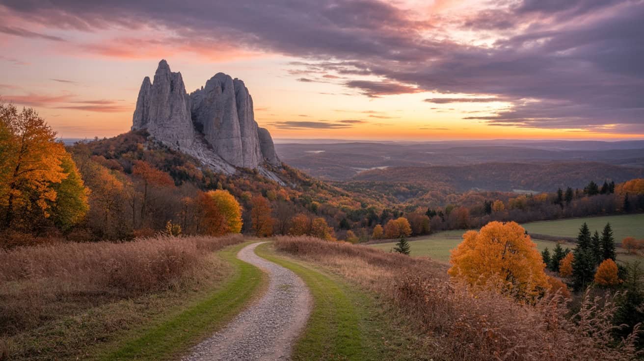 Vibrant autumn landscape featuring a winding dirt path leading through colorful fall foliage towards the rocky peaks of the Sierra de Segura at sunset.
