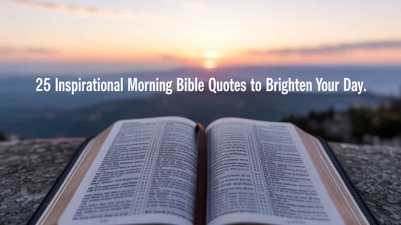 Inspiring open Bible on a rocky surface at sunrise, with the sky glowing in warm colors, highlighting 25 morning Bible quotes to encourage positivity and faith throughout the day.