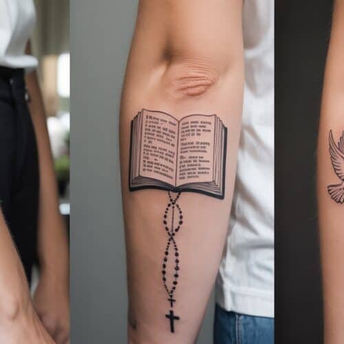 Beautiful Bible Tattoo Ideas with Meaningful Verses My Bible Song 2026 Tattooed arms with Christian symbols, including doves, a cross, and a Bible, representing faith and devotion.