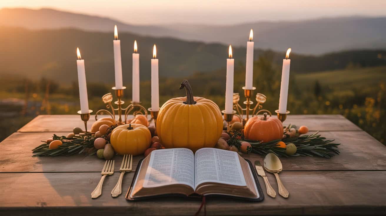 Pumpkin-themed Bible table centerpiece with open Bible, lit candles, and autumn decorations on rustic outdoor wooden table at sunset. Perfect for thanksgiving or fall-inspired worship scenes.
