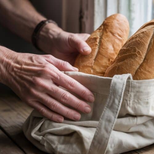 Fresh baked bread in a canvas bag on a rustic wooden table near a window, evoking comfort and warmth, perfect for a church or spiritual setting, symbolizing nourishment and blessings.