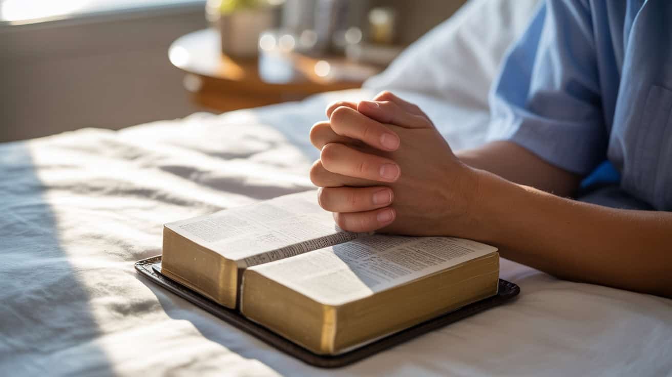 Praying hands resting on an open Bible, symbolizing devotion and faith.