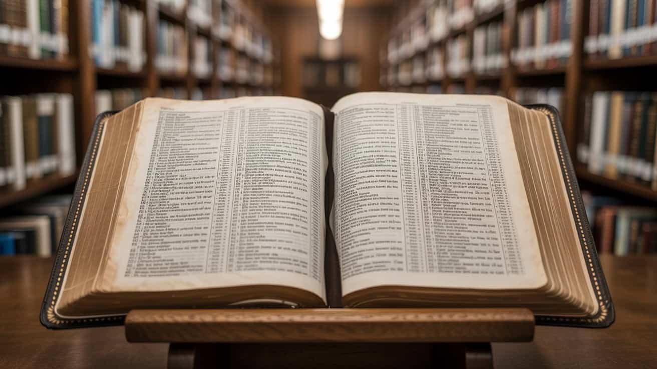 Open Bible on wooden stand in library with wooden shelves full of books, for Christian worship and Bible studies.