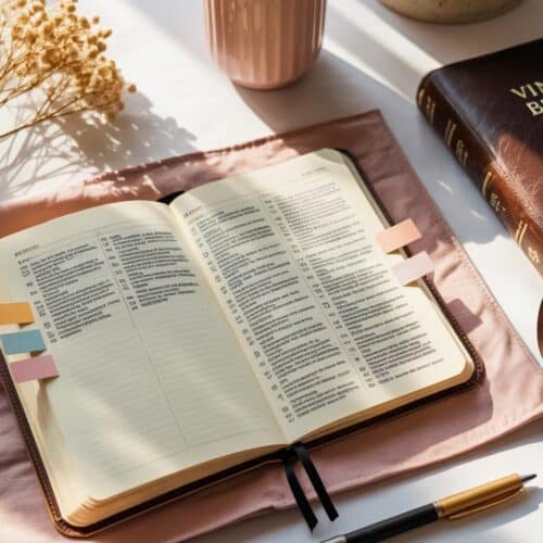 How to Create an Aesthetic Bible for Study and Journaling My Bible Song 2026 Open Bible with colorful tabs on a pink cloth on a white table, Bible journal, and Bible study setup for worship and devotion.