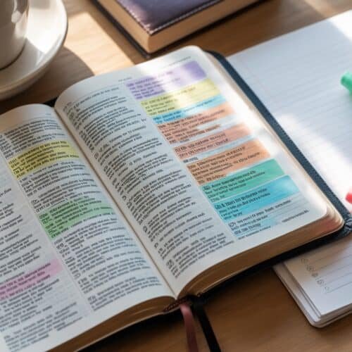 Easy Bible Color Coding Guide for Study Notes My Bible Song 2026 Highlighted Bible passages with colorful markers, notepad, highlighters, and a coffee cup on wooden desk for studying scripture, biblical notes, or spiritual growth.