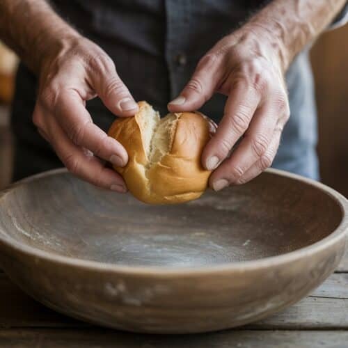 Freshly baked bread being torn apart over a rustic wooden bowl, symbolizing fellowship and spiritual nourishment in Christian life.