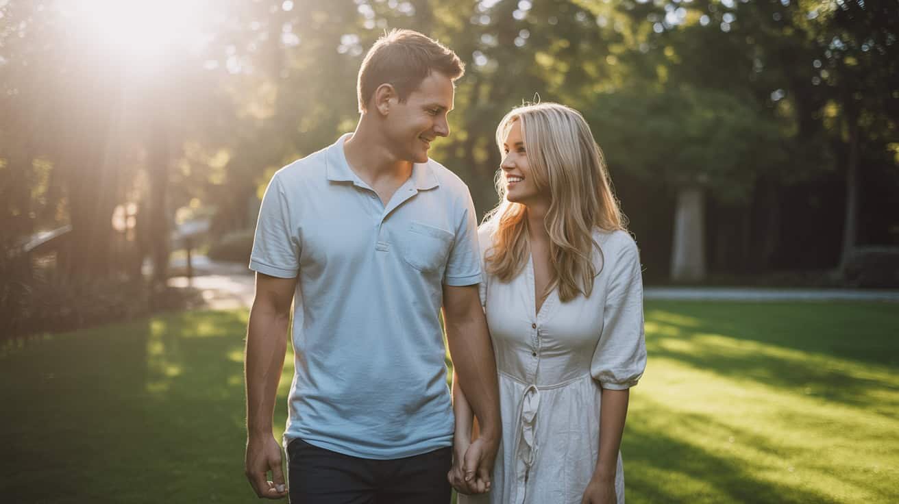 Close-knit young couple walking hand-in-hand outdoors during golden hour, symbolizing faith and love, ideal for promoting My Bible Song’s inspirational Christian content and family-friendly worship music.