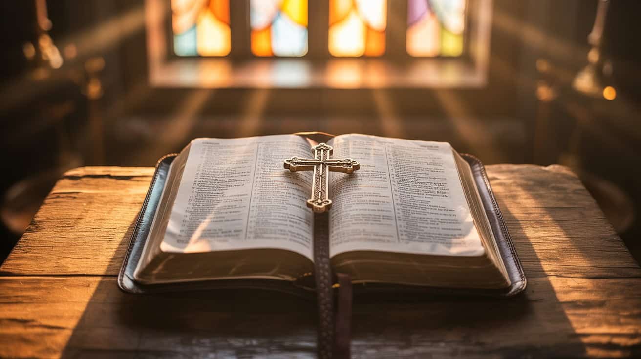 Bible open on wooden altar with cross and stained glass windows in background, emphasizing faith and worship.