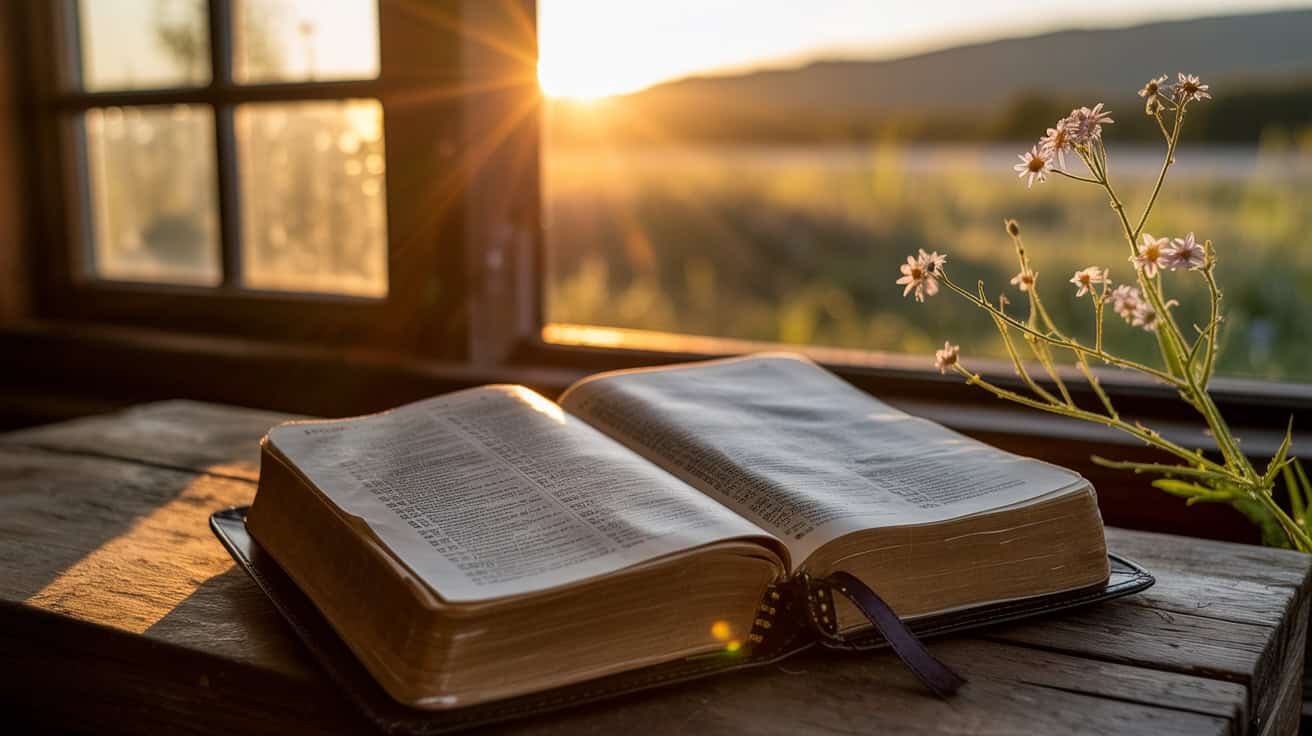 Prayer and Bible study in a peaceful setting at sunset with an open Bible on a wooden table. Perfect for spiritual reflection, worship, and Christian devotional activities.