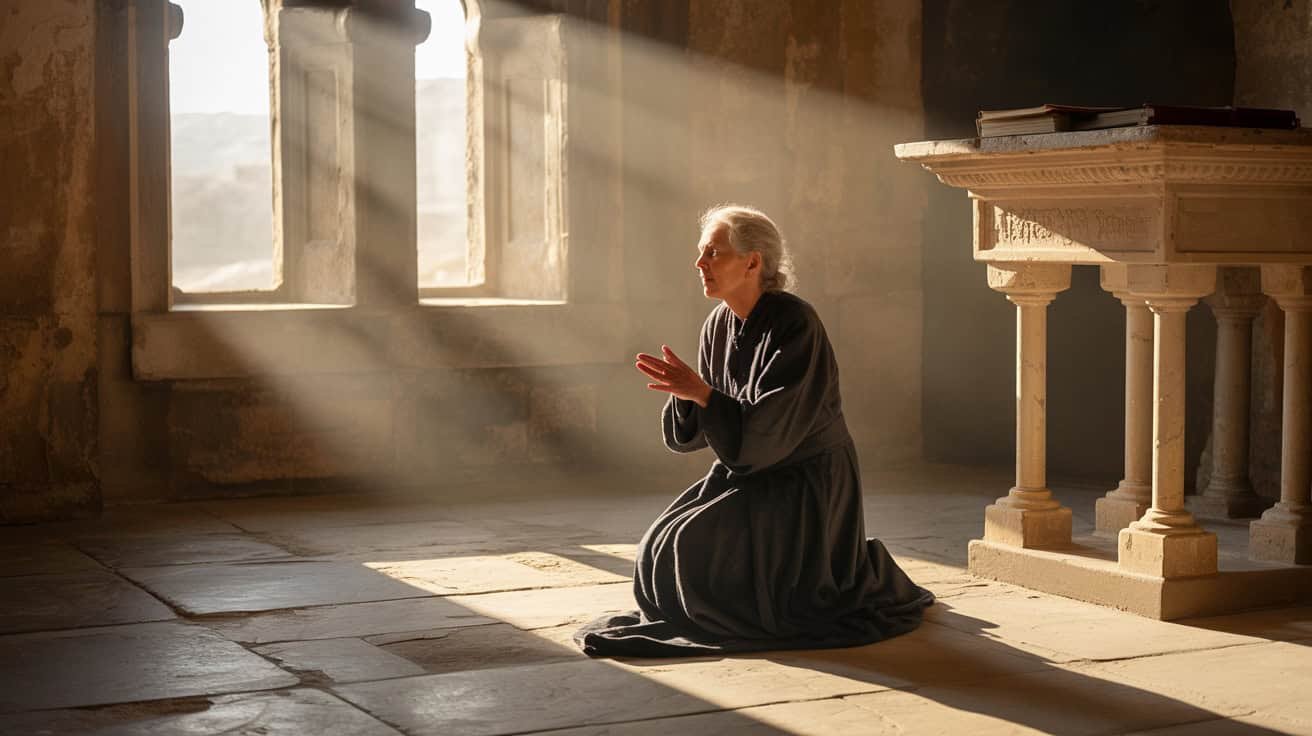 Silent prayer woman kneeling in a church with sunlight streaming through open windows, creating a peaceful and spiritual atmosphere.