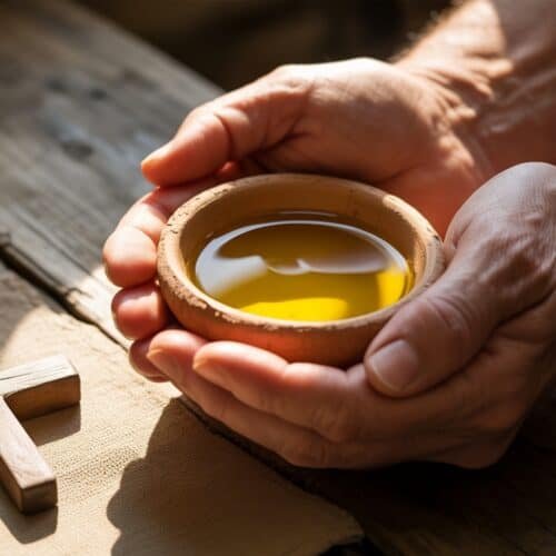 Olive oil in rustic bowl for prayer and faith, Christian worship, biblical symbolism, spiritual prayer, religious devotion, faith practice, sacred rituals, biblical imagery, religious meditation, My Bible Song website.