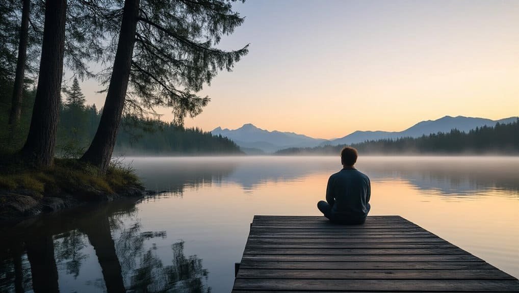 Tranquil person meditating by a peaceful lake at dawn, surrounded by mountains and trees, symbolizing reflection, faith, and spiritual connection with God through My Bible Song.