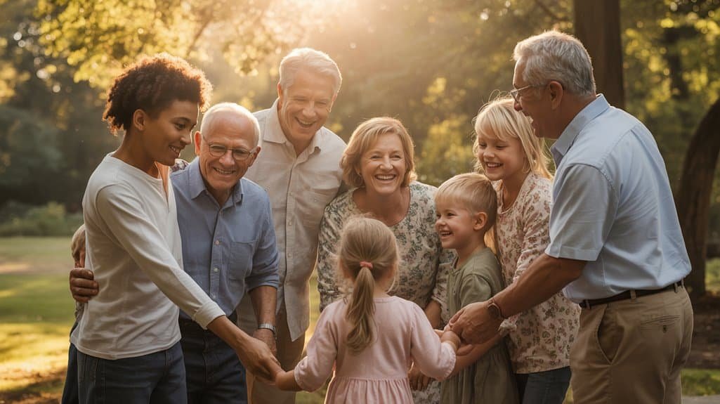Joyful multigenerational family playing hand in hand in park promoting Christian family values and biblical teachings.